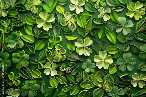 coiled paper shamrocks create a stunning, artistic pattern, showcasing the meticulous craft of paper quilling