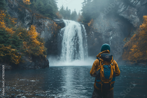 a man in a yellow raincoat stands in front of a waterfall