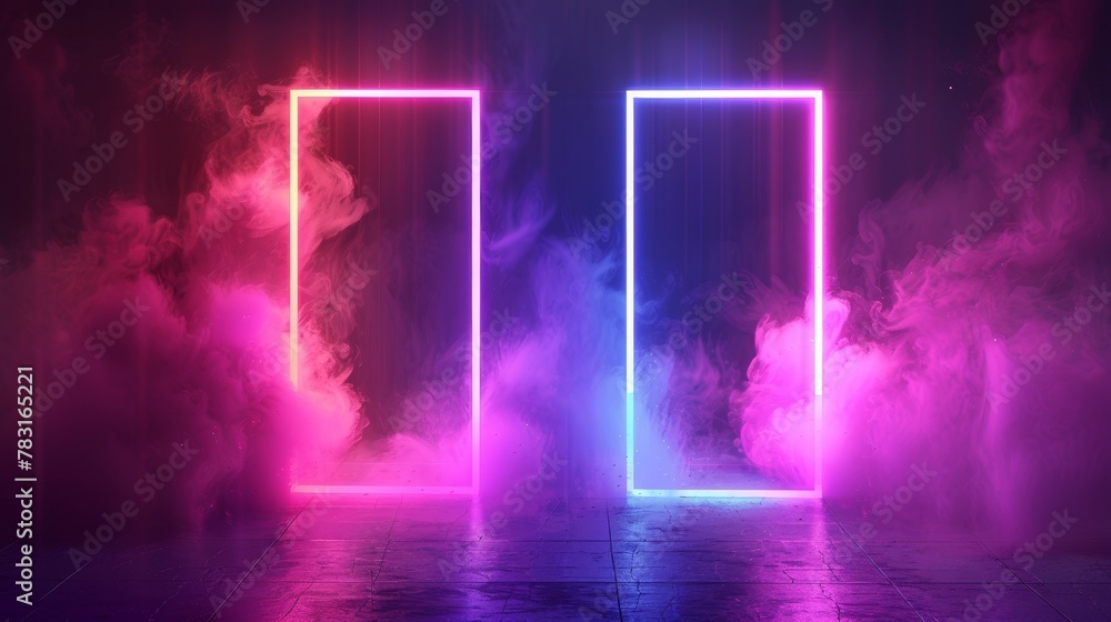 Luminous gradient rectangle frame with smoke clouds. Game portal door set with colorful steam and bright light border. Casino or night club decoration.