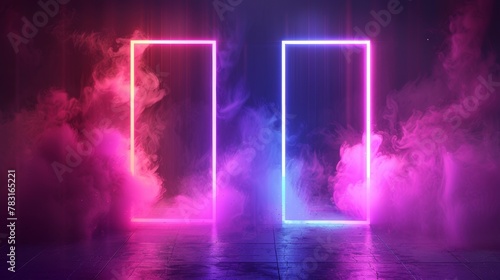 Luminous gradient rectangle frame with smoke clouds. Game portal door set with colorful steam and bright light border. Casino or night club decoration.