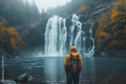 a person in a jacket stands in front of a waterfall