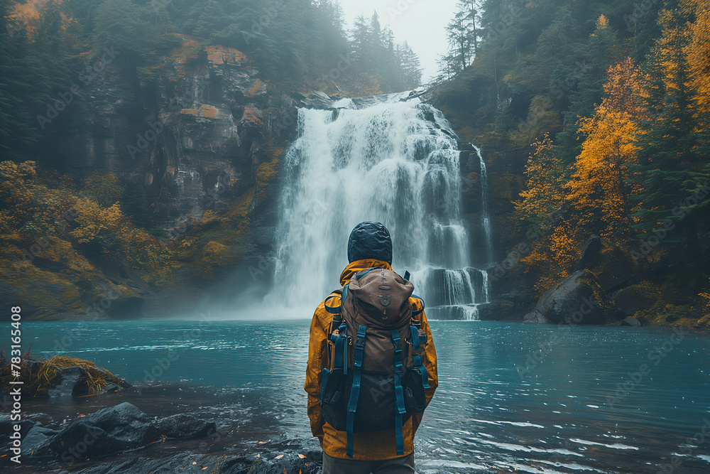 a man in a yellow jacket stands in front of a waterfall