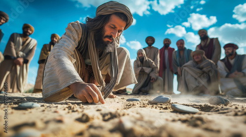 A man is kneeling on the ground and hes writing in the sand photo