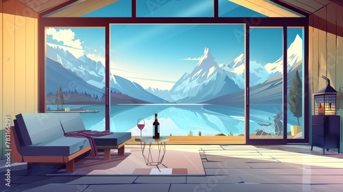 Interior of cabin and terrace with mountain view. Cottage design with wine and couch. Wooden chalet with patio and lake landscape illustration.
