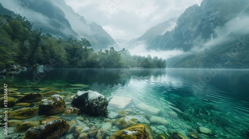 Serene Foggy Lake in a Mystical Mountain Setting