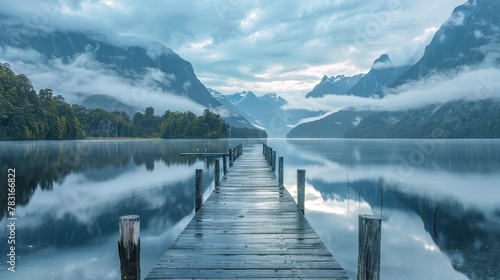 Misty Mountain Lake with Wooden Jetty