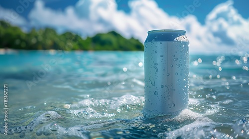 The plain soft-drink can 330ml, floating in the ocean with tropical islands in background. Generated by artificial intelligence.