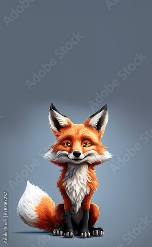 drawn red fox sitting. card with a cute sitting little fox on a gray background