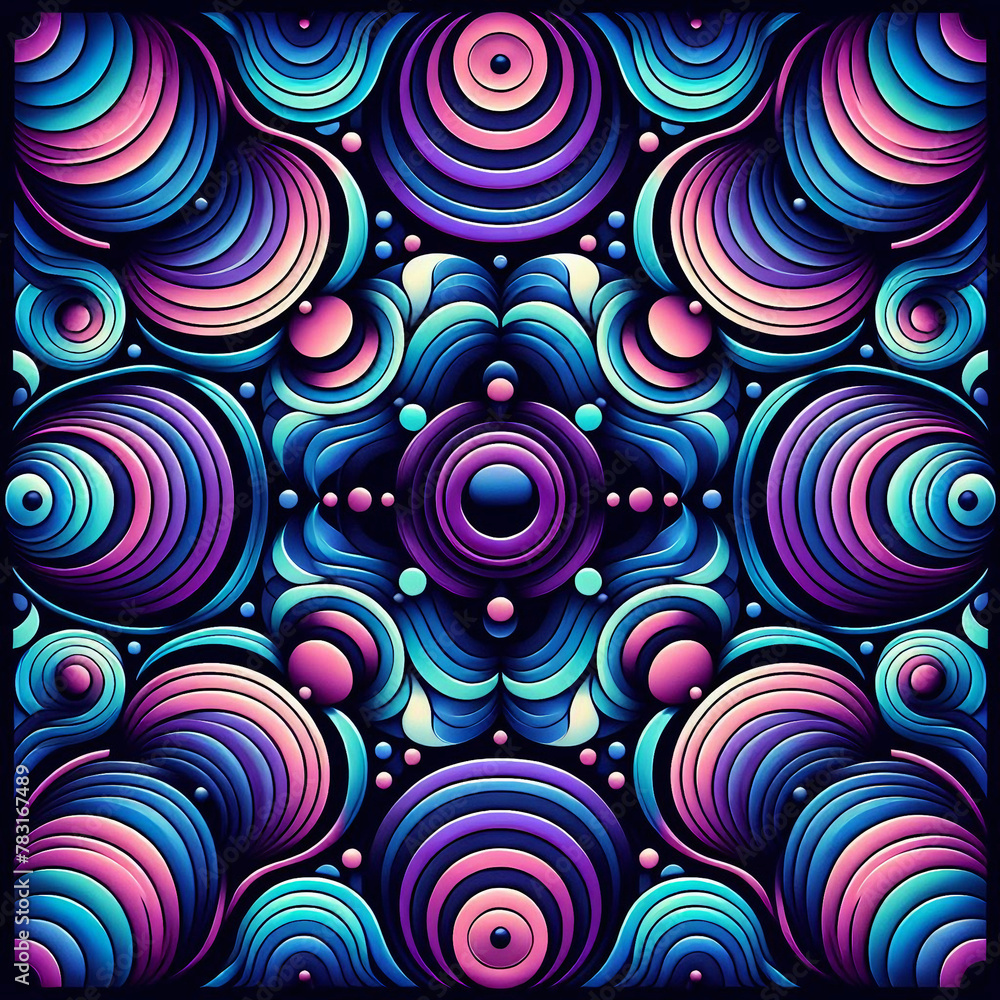 An abstract pattern with repetitive geometric shapes and vibrant colors, consisting of circles and curved shapes creating a visual illusion of movement, with shades of purple, blue, and teal against a An abstract pattern with repetitive geometric shapes and vibrant colors, consisting of circles and curved shapes creating a visual illusion of movement, with shades of purple, blue, and teal against a