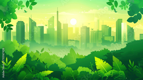 A city skyline with a green forest in the background. The sky is yellow and the sun is setting