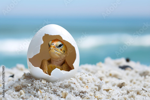 newborn turtle breaking the eggs shell on the beautiful beach.