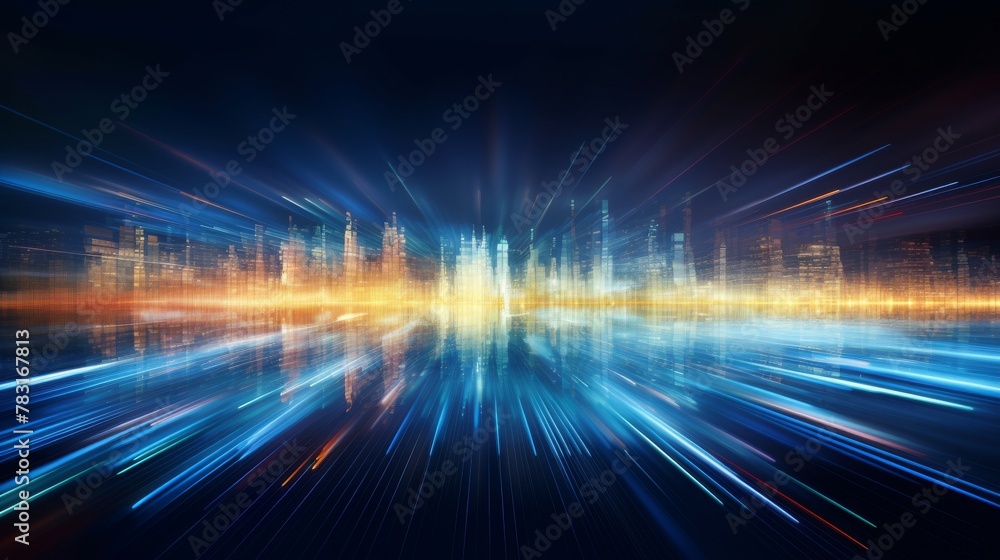 Digital Dawn: The Pulse of Urban Data Flow and High-Speed Tech Evolution in a Smart Cityscape. Blue and Orange Background Photo