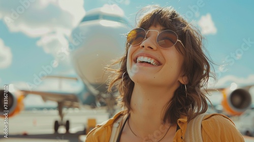 tourism, vacation and people concept - happy smiling young woman with travel bag pack standing by the airplane and ready to departure.