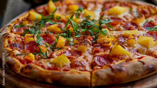 A pizza with pineapple and onions on it sits on a wooden board
