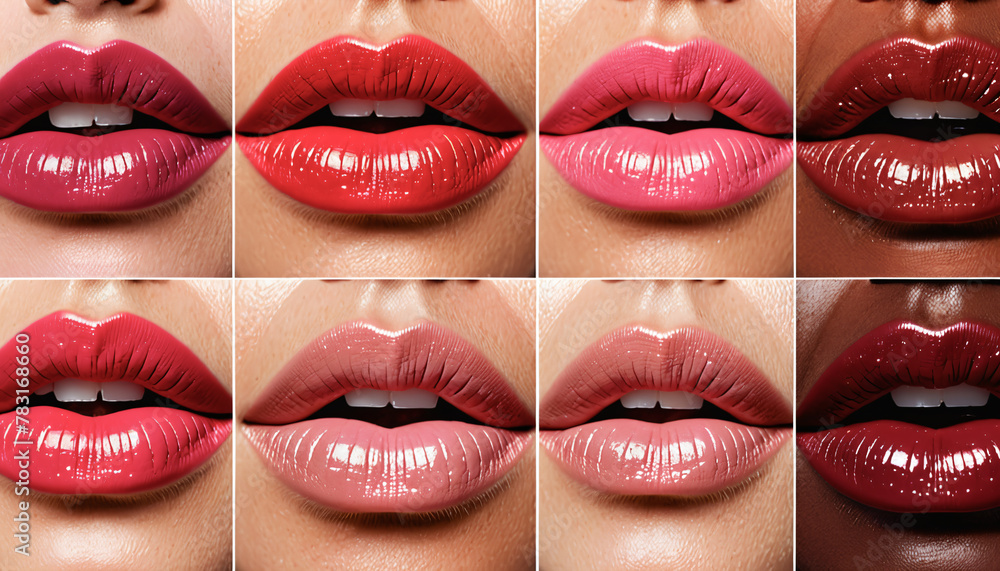 Obraz premium Assorted Lipstick Shades on Model's Lips. Generative AI