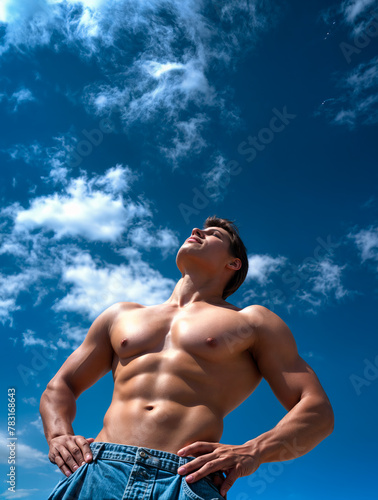 Low shot of a shirtless man against sky with clouds created with Generative AI technology