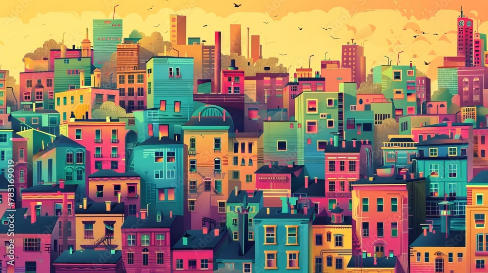 Colorful and vibrant illustration of a bustling urban landscape