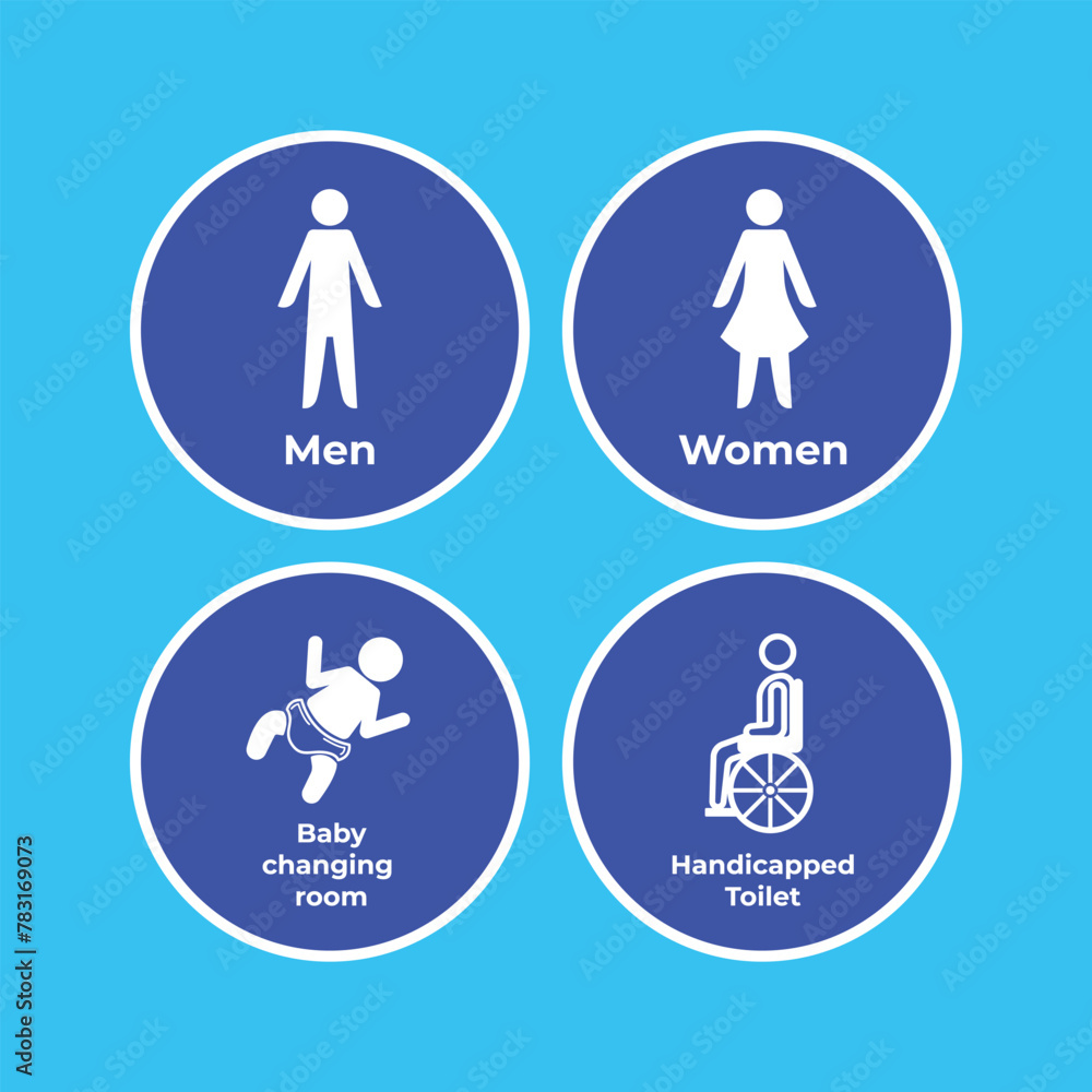 Blue and white colored men, women, baby changing room, and disabled handicapped toilet signages icon on circle background vector illustration. Simple flat cartoon styled drawing. Blue and white colored men, women, baby changing room, and disabled handicapped toilet signages icon on circle background vector illustration. Simple flat cartoon styled drawing.