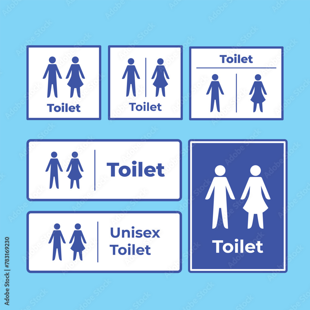 Blue and white unisex men women and gents ladies toilet sign age icon vector illustration set bundle isolated on square background. Simple flat doodle drawing collection. Blue and white unisex men women and gents ladies toilet sign age icon vector illustration set bundle isolated on square background. Simple flat doodle drawing collection.
