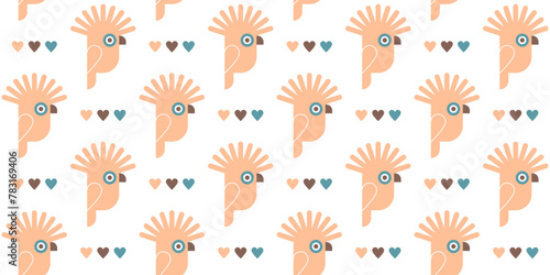 Seamless pattern with parrots and hearts. Summer childish background with cute exotic tropical birds for pet shop, zoo, clothes, decoration for kids bedroom. Vector flat cartoon illustration