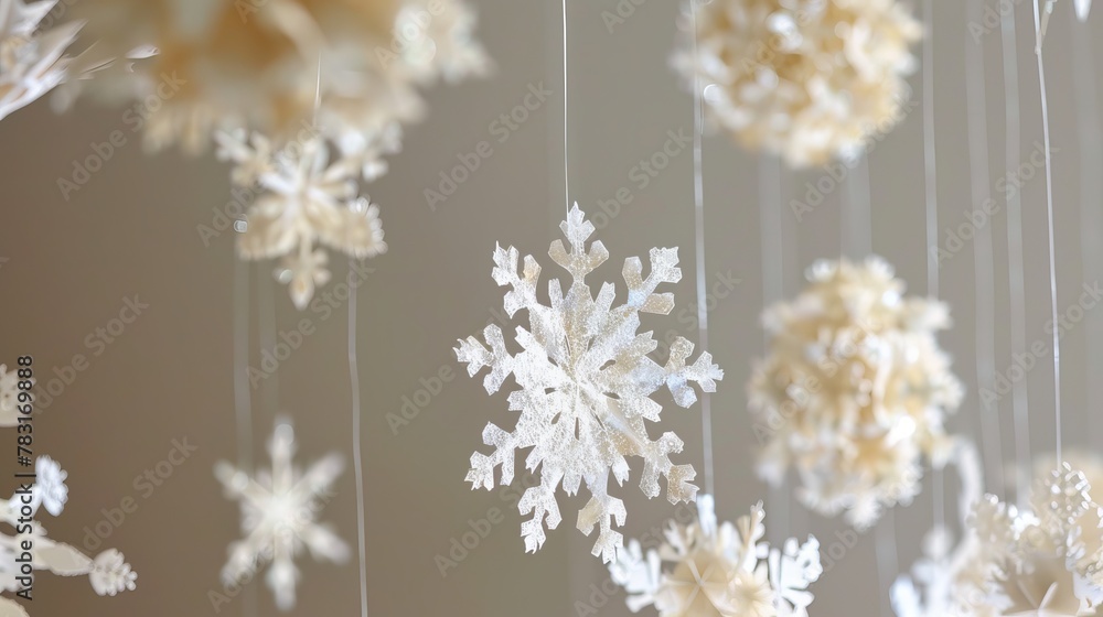 Delicate paper snowflakes suspended in mid-air, creating a magical winter scene Delicate paper snowflakes suspended in mid-air, creating a magical winter scene