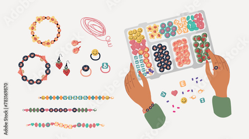 DIY Concept. Hand Making Accessories, Beaded Jewelry Organizer Box. Earring, bracelet, ring. Vector illustration