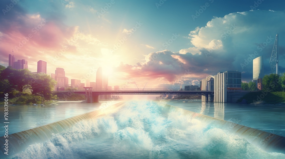 A city with a bridge over a river and a waterfall. The sky is pink and the water is blue