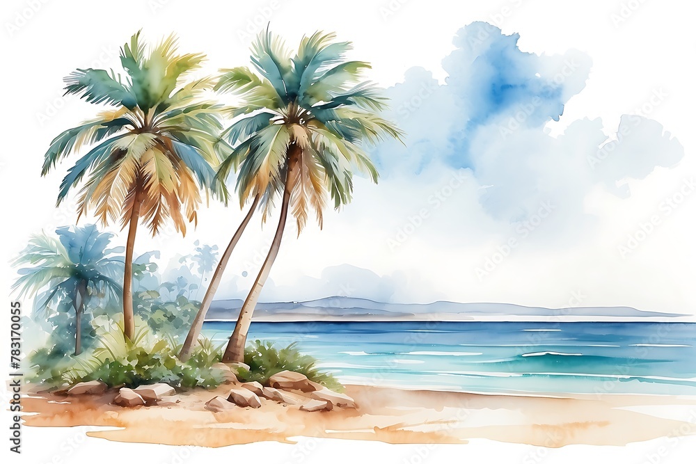 Palm trees on the sandy beach. Hand drawn watercolor illustration