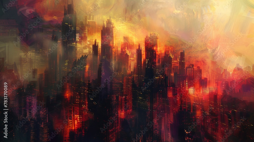 Digital painting capturing the dynamic energy and imposing presence of a neo brutalist skyline - obrazy, fototapety, plakaty 