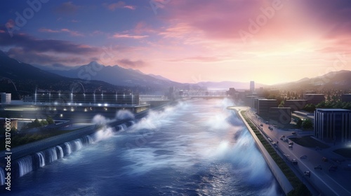 A city with a river flowing through it and a waterfall. The sky is pink and the water is crashing