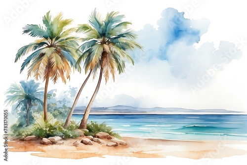 Palm trees on the sandy beach. Hand drawn watercolor illustration