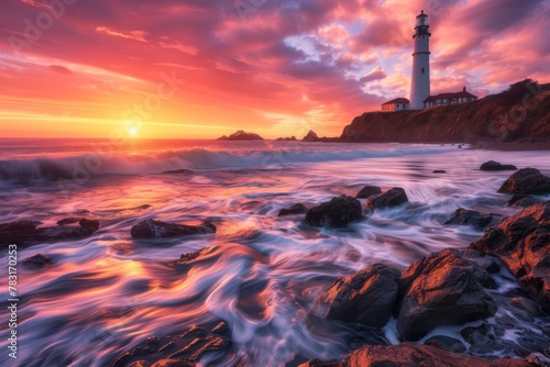 Lighthouse on cliff, sunset sky, ocean water, afterglow atmosphere