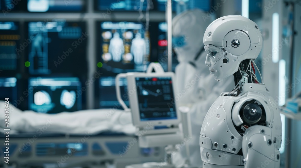 Robot Standing by Hospital Bed Robot Standing by Hospital Bed