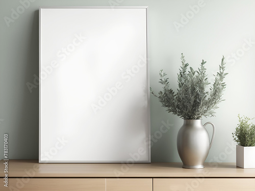 Un marco  en blanco junto a un jarrón con ramas verdes de olivo sobre una mesa de madera. Vista de frente y de cerca. Copy space. Ai Generativa photo
