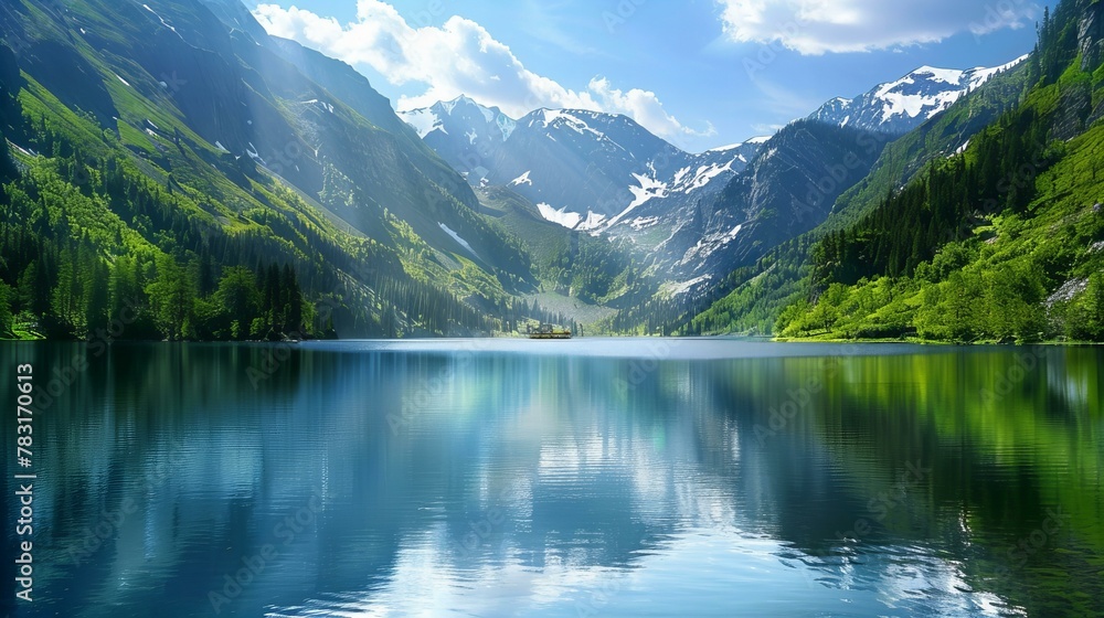 peaceful landscape with lake and mountains among wilderness,  sky reflection in water