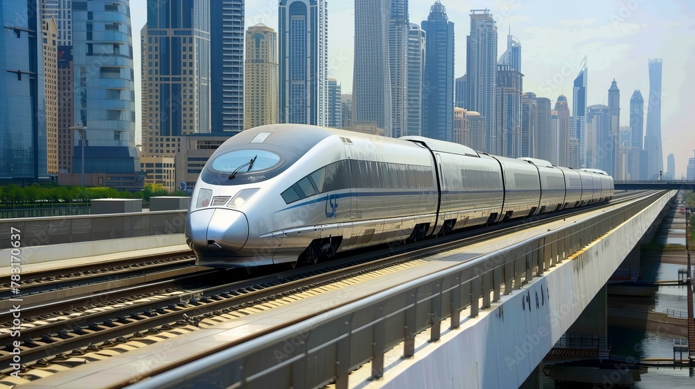 Naklejka premium high speed, modern train against cityscape; railway transport 