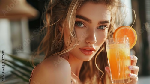fashion model drinks orange juice; concept of drinking, party and alcohol