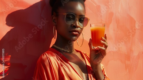 African American fashion model in sunglasses drinks orange juice; concept of drinking, party and alcohol