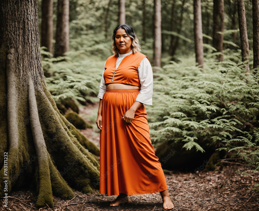 A woman standing in a forest, wearing a long, orange skirt and a white shirt.
