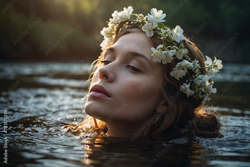 A young woman in the river with a crown of flowers on her head. A young woman in the river with a crown of flowers on her head.