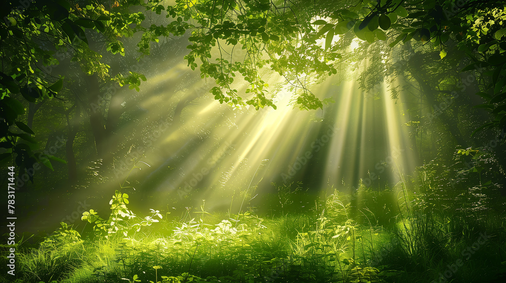 A bright sunny day in a lush green forest with sunlight shining through the trees. The scene is peaceful and serene, with the sunlight creating a warm and inviting atmosphere