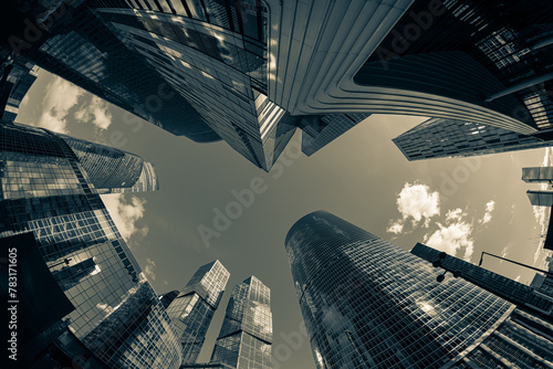 View of tall glass skyscrapers in Moscow City looking up; black and white view of financial centre looking upwards .