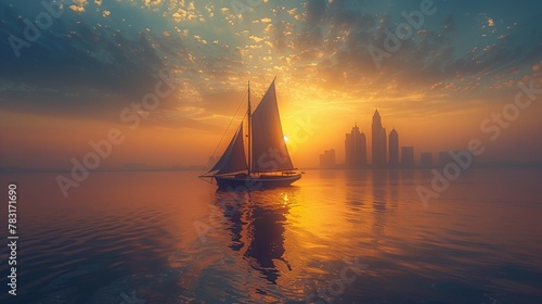 Traditional Dhow Boat Sailing in Abu Dhabi's Modern Skyline, generative ai