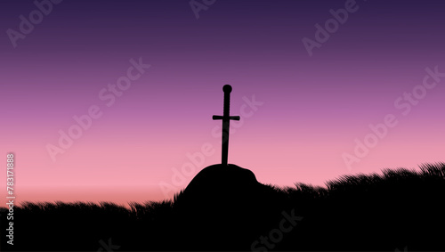 Excalibur,  landscape, flat color illustration