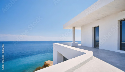 Architectural detail of white modern Mediterranean house over turquoise sea and blue sky background. Minimal architecture building detail in coastline by ocean or sea © anandart