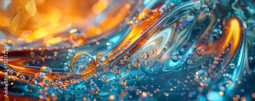 Close up of vibrant liquid with bubbles in electric blue glass photo