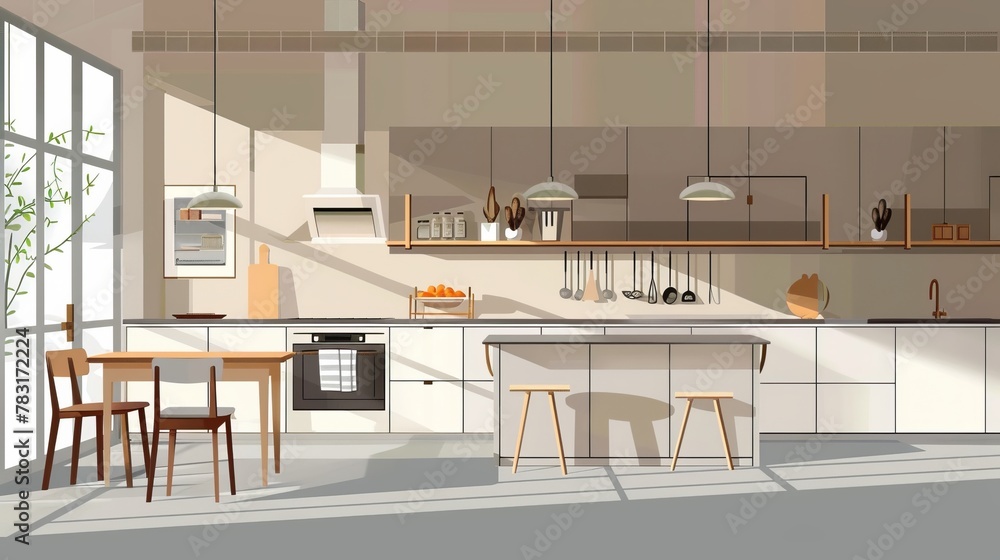 Illustration of a modern Scandinavian kitchen with minimalist design and natural light