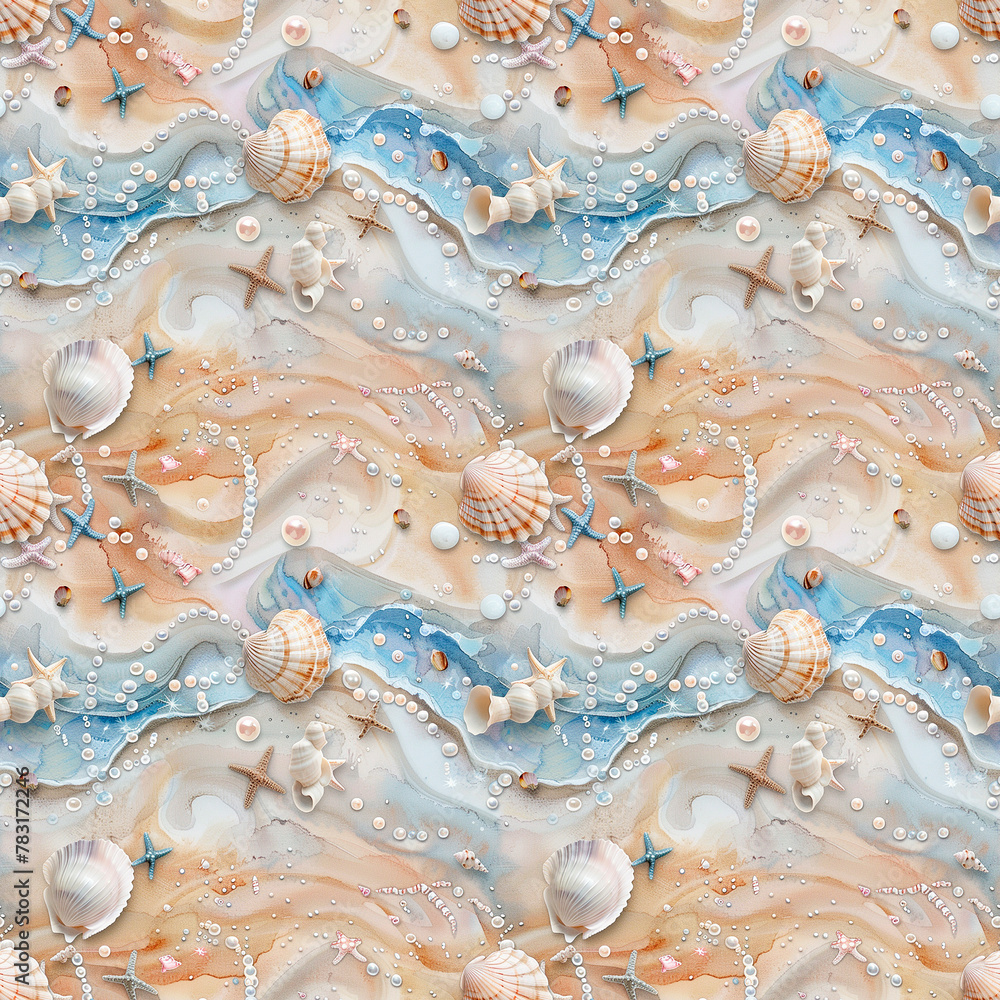 Marine seamless pattern with colorful seashells, starfish and pearls on a sandy background. Marine seamless pattern with colorful seashells, starfish and pearls on a sandy background.