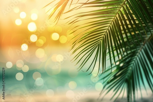 Blur beautiful nature green palm leaf on tropical beach with bokeh sun light wave abstract background. Copy space of summer vacation and business travel concept - generative ai © Nia™