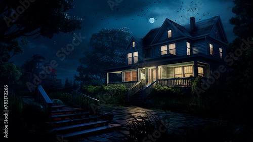 halloween house with pumpkins in forest, spooky horror concept, spooky spooky halloween concept.